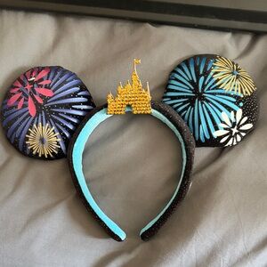 Sparkle Fireworks Mouse Ear Headband with Gold Castle Accent - Blue & Black